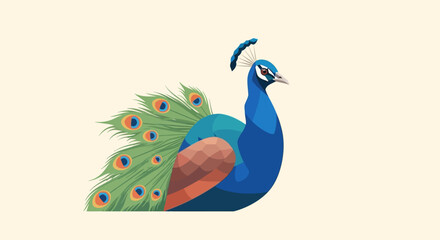Stylized digital illustration of a vibrant peacock with detailed feathers and elegant posture on a