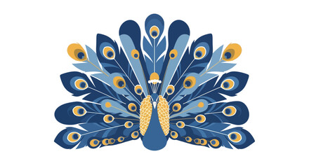 Stylized illustration of a majestic peacock with vibrant blue and gold feathers spreading out in a