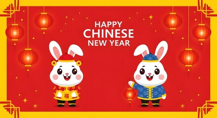 Fototapeta premium Happy Chinese New Year 2026 with smiling rabbit holding oranges
