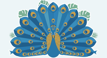 Stylized Illustration of a Peacock with Vibrant Blue and Gold Feathers Displaying Elegant Plumes