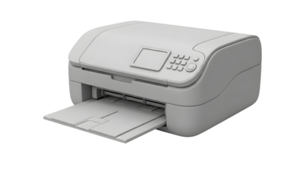 Professional Office Printer and Document Scanner 3D Render - A detailed 3D illustration of a modern grey office printer and scanner machine, suitable for business, technology, and paperwork themes.