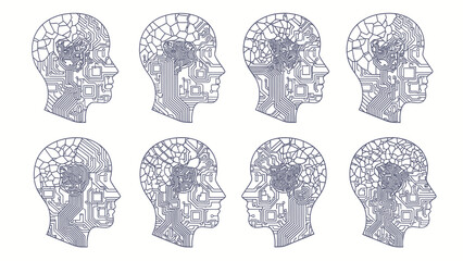 Eight abstract wireframe human head profiles representing artificial intelligence and data processing.
