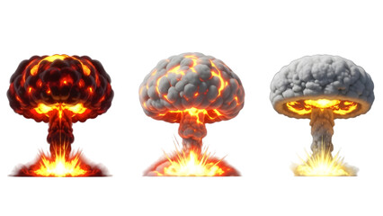 Three brain-shaped mushroom clouds in fiery explosion with intense flames and smoke against a isolated on a transparent background