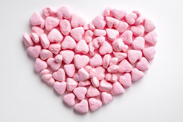 Obraz premium Heart shape made from pink candy hearts arranged on a clean white surface, perfect for expressing love and affection in a sweet way during any celebration or occasion