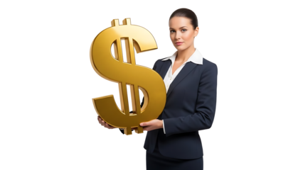 A businesswoman holding a large gold dollar sign on transparent background