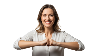 A smiling woman making a heart shape with her hands on transparent background