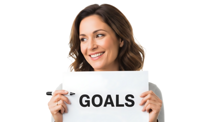 A smiling businesswoman holding a sign with goals on transparent background