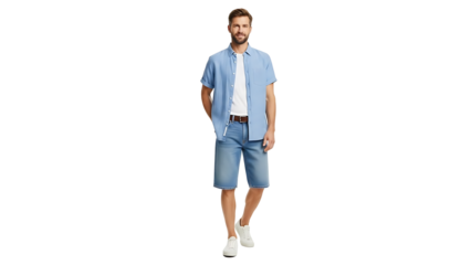 A man in casual summer clothing standing on transparent background