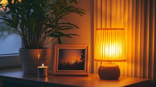 Hand lights candle on a cozy shelf with a warm lamp, framed photo, and plant