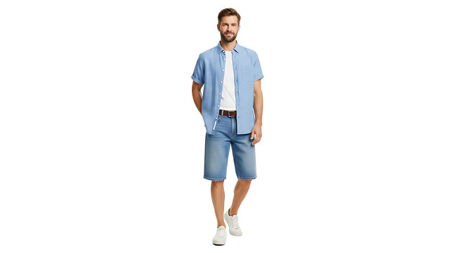 A man in casual summer clothing standing on transparent background