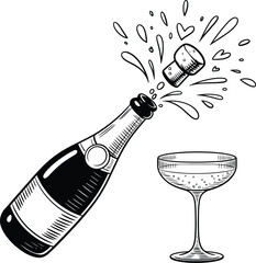 The excitement of celebration champagne bottle popping and a classic coupe glass awaiting a toast