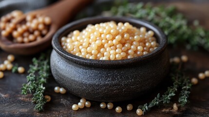 Light beige, round seeds in dark bowl, wooden spoon, herbs