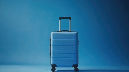 Light blue hard-shell suitcase against blue backdrop