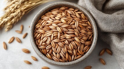 Light brown seeds in a bowl, beside a dried wheat ear
