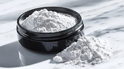 Light gray powder in black jar on marble