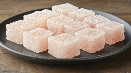 Light pink, square, textured candies on dark plate