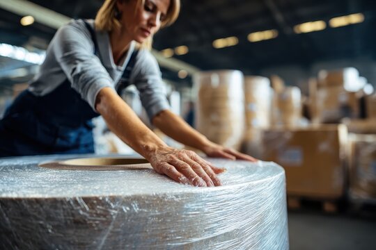 Female worker using stretch film to wrap a parcel in a busy warehouse environment during daylight hours - Powered by Adobe