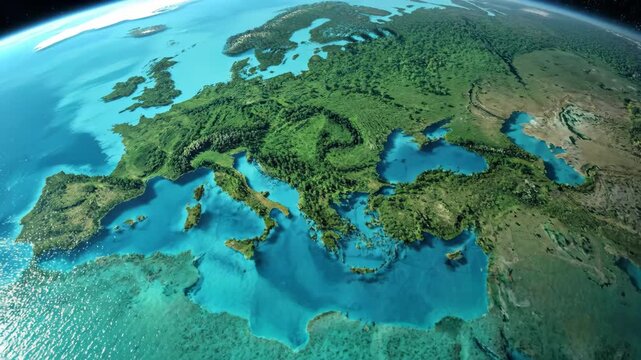 Earth globe view of Europe with the Mediterranean Sea, showcasing diverse green landscapes under sunlight, ideal for Earth Day themed environment.