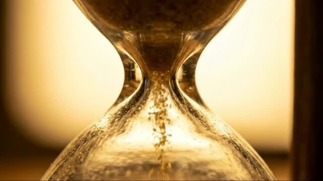 Elegant macro close-up of golden sand flowing through a vintage hourglass