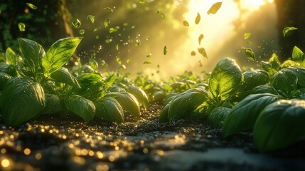 Lush basil patch bathed in sunrise glow