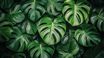 Lush, deep green monstera leaves densely packed
