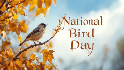A small bird perches on a branch with yellow leaves celebrating National Bird Day