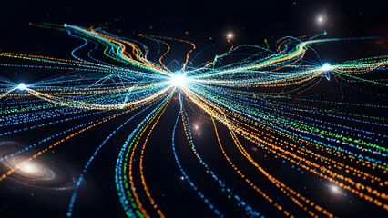 Space stream visual with colorful glowing lines and dots against a dark background with galaxies