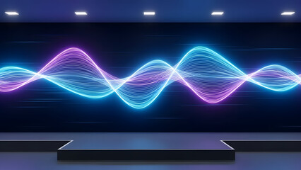 Holographic neon sound wave pattern on dark background with stage
