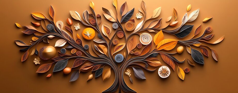 Artistic tree design with colorful leaves.