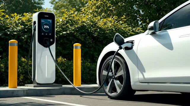 Electric car is charging at station with green trees and yellow bollards. White vehicle with cable plugged in. The display shows the charge level.