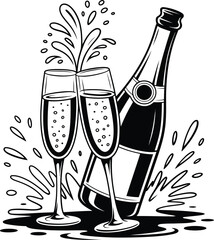 Elegant black and white illustration of champagne bottle and flutes celebrating a special moment