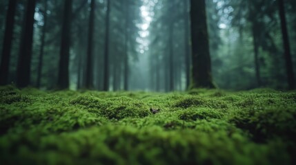 Lush green moss covers forest floor, trees in background
