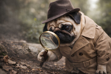 A cute pug dog detective wearing a trench coat and hat holding a magnifying glass looking for clues or searching for information mystery concept.
