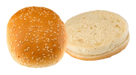 Sesame seed hamburger bun with open bun showing cream cheese filling
