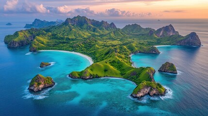 Lush island archipelago at sunrise