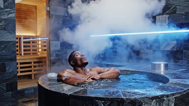 Man in modern luxury spa hydrotherapy pool, surrounded by therapeutic steam and blue light, enjoys ultimate relaxation and well-being