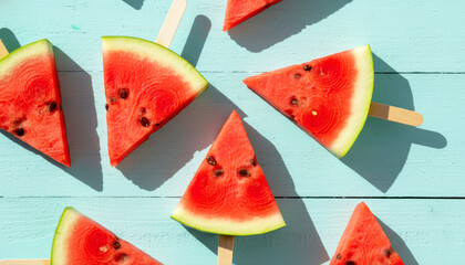 Watermelon slices on wooden sticks like popsicles on light blue wooden background. Summer fruit refreshment concept, top view.