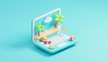 A miniature beach scene with a 3D laptop, beach ball, and palm trees. Creative digital nomad and summer travel booking concept.