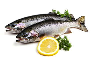  fresh rainbow trout with a lemon slice on a transparent background