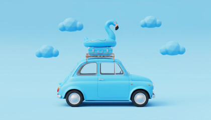 3D blue vintage car with travel suitcase and flamingo float on roof rack. Road trip and summer holiday concept on blue background.
