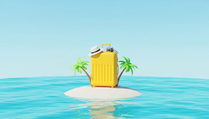yellow travel suitcase on a small sand island in the middle of the ocean. Minimalist summer vacation and adventure travel concept.