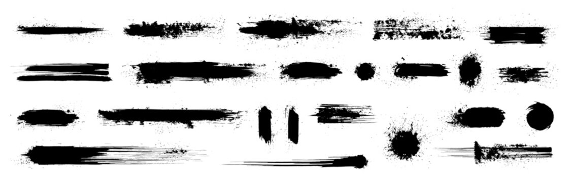 China ink daubs, splashes and splatters. Vector hand-drawn black paint smears, rough brushstrokes, punk spray blots. Grunge set of dirty spray textures and scribble brush strokes. Grungy dab spot bg