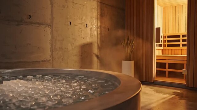 Relaxing spa environment with a cold plunge pool and a wooden sauna in a modern wellness center