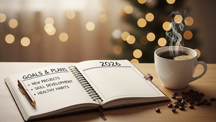 Goals and plans list in 2026 diary with coffee cup coffee beans and bokeh christmas lights background
