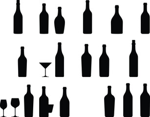 Silhouette collection of wine and liquor bottles, drinking glasses, bar elements, alcohol container design, beverage illustration for restaurant, party, celebration