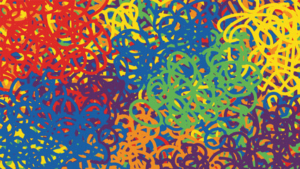 Dynamic abstract graphic art piece featuring a vibrant, colorful mosaic of intertwined loops and free-flowing lines.