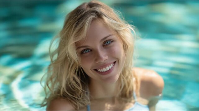 Bright smiling woman swimming in pool with clear blue water and sunlight