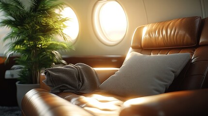 Luxurious private jet interior.  Sunlight streams through oval windows