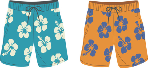 Stylish Hibiscus Pattern Swim Trunks Vector Set, in Teal and Orange for Tropical Summer Beachwear © Majnur