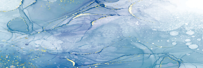 Pastel cyan mint liquid marble watercolor background with gold lines and brush stains. Teal turquoise marbled alcohol ink drawing effect. Vector illustration backdrop, watercolour wedding invitation.